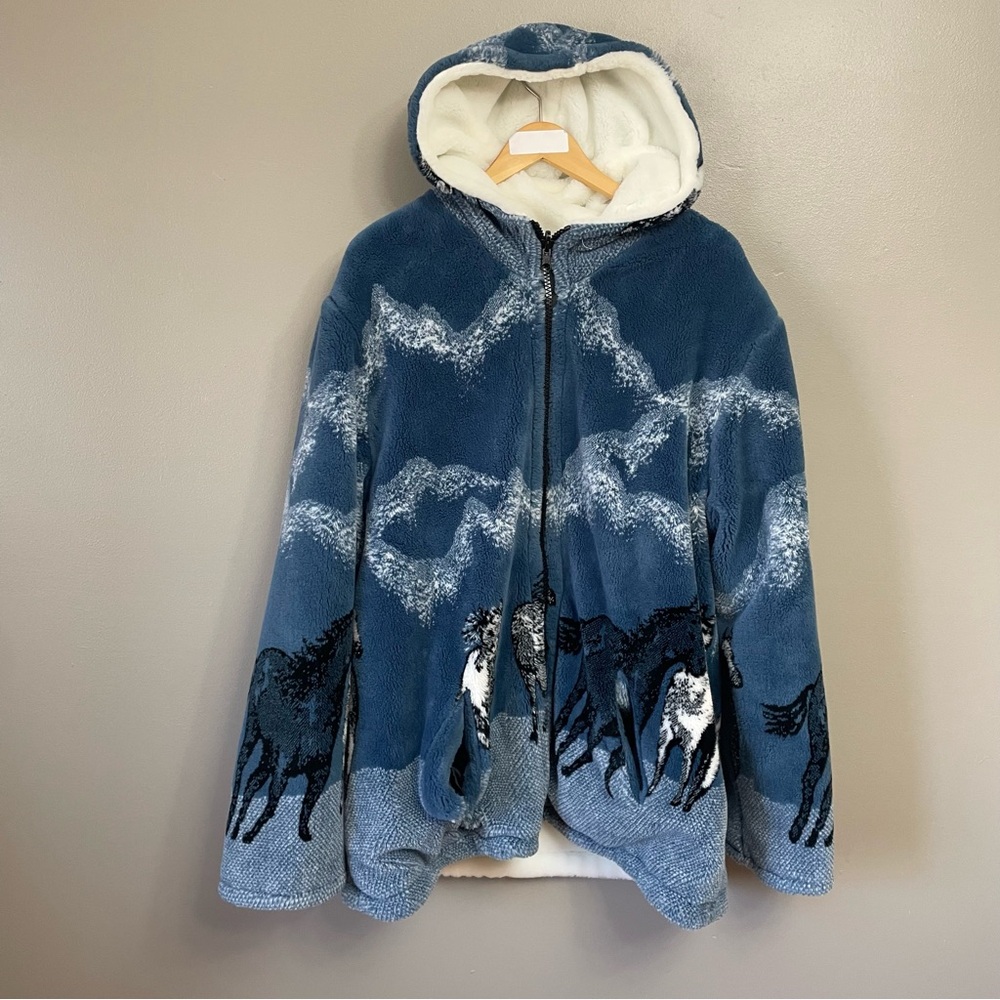 Nordic Lights Vtg Fleece Full Zip Hoodie Sherpa Jacket Sz Large Horses Unisex